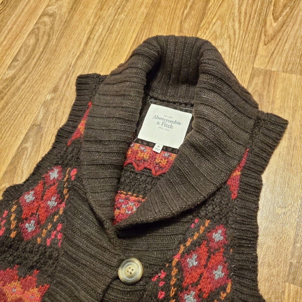 Abercrombie & Fitch Sweater Vest Women Medium Brown Fair Isle Shawl Collar Aztec